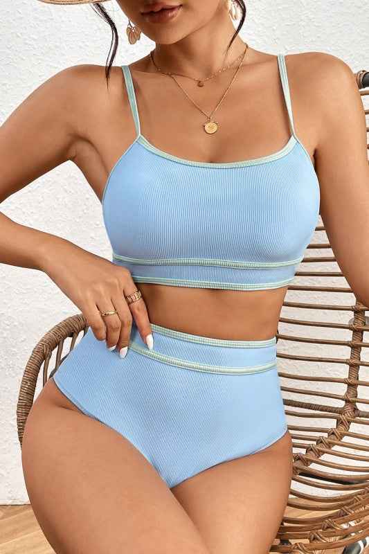 Ribbed Contrast Trim Spaghetti Strap Bikini Set