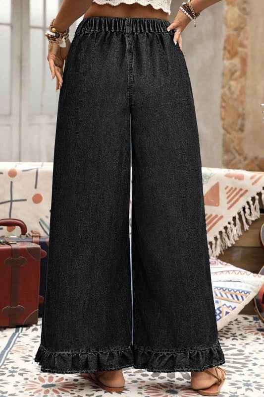 Plus Size Denim Elastic Waist Wide Leg Pants