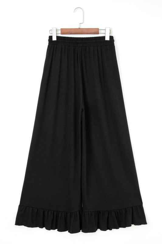Solid Ruffle Wide Leg High Waist Pants