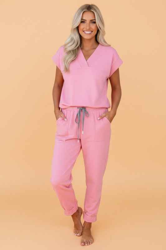 Solid V-Neck Tee & Drawstring Pants Set