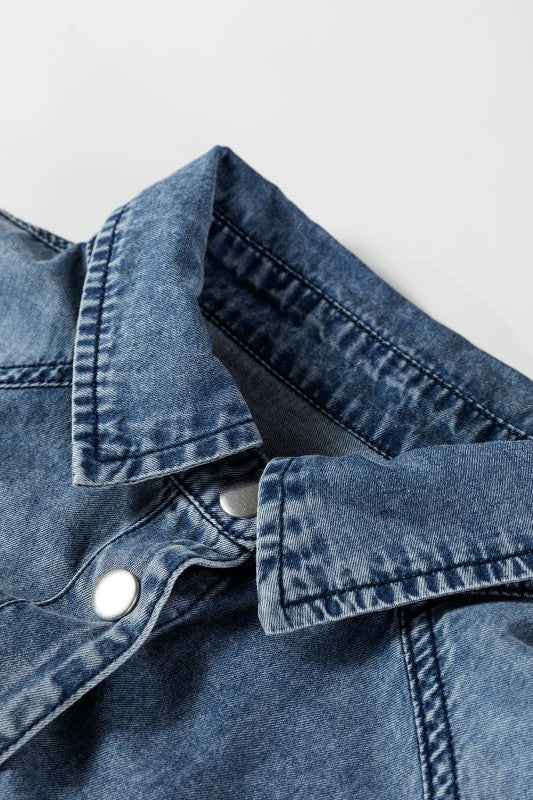 Solid Denim Chest Pocket Raw Hem Shirt Dress
