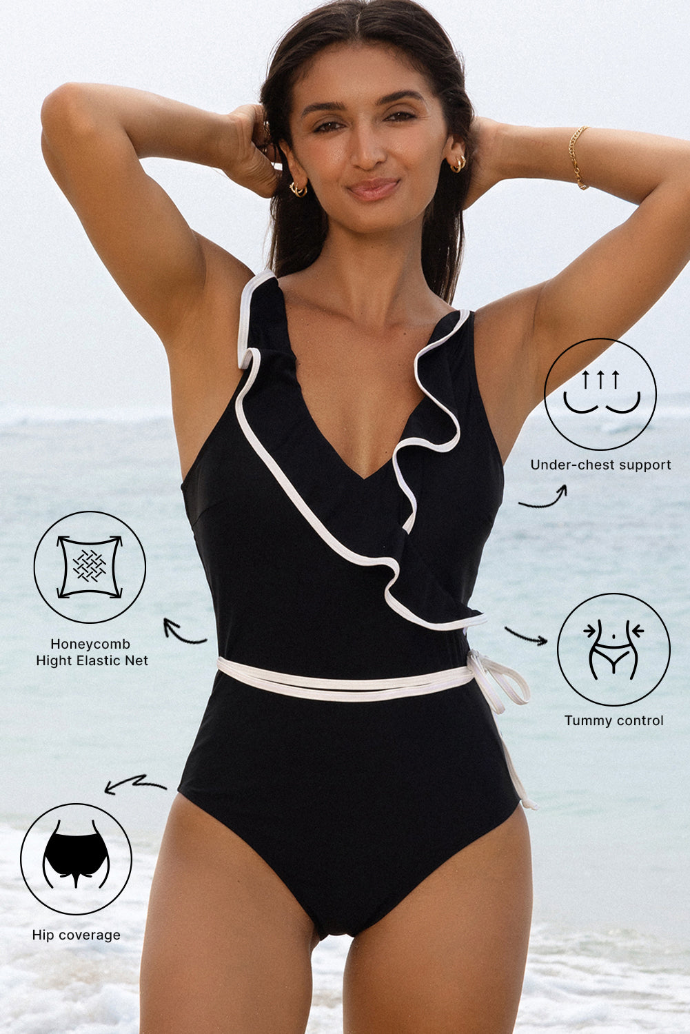 Black Color Contrast Ruffled Wrap V Neck Swimsuit Dear-Lover Dropshipping