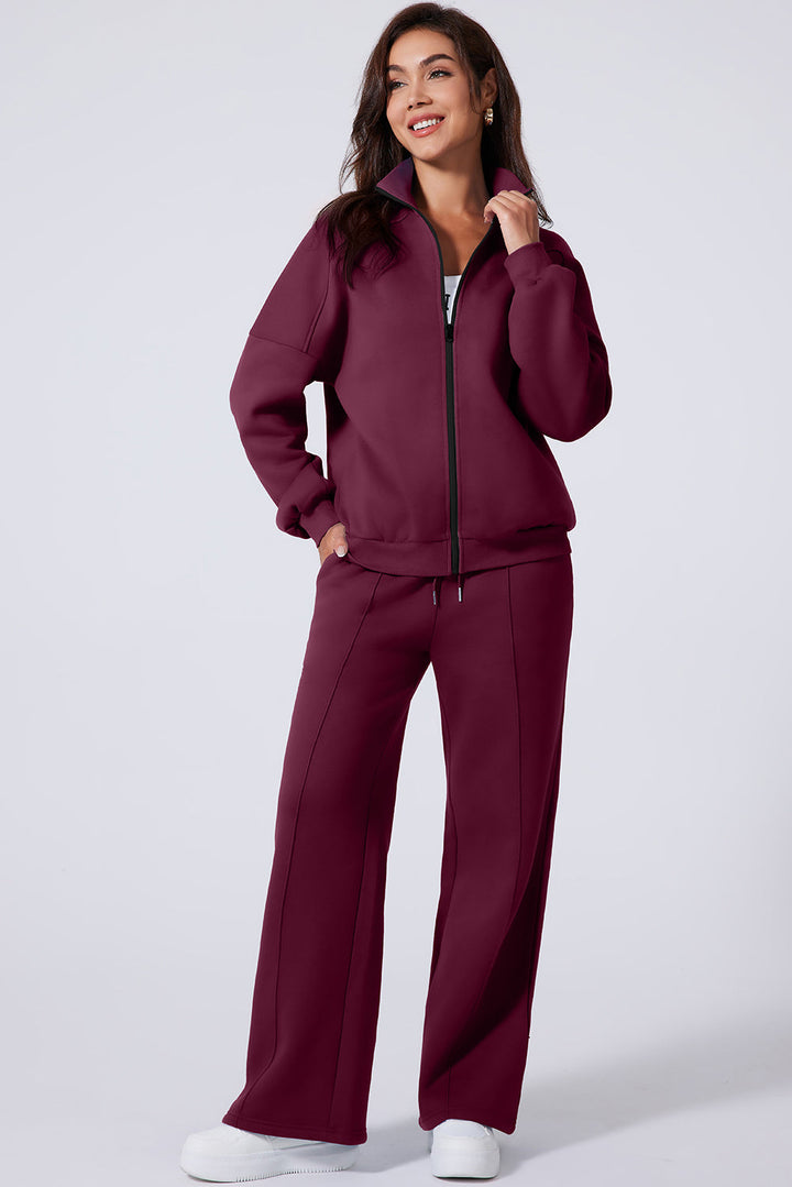 Burgundy Drop Shoulder Zip Up Jacket Drawstring Pants Active 2pcs Set Dear-Lover Dropshipping