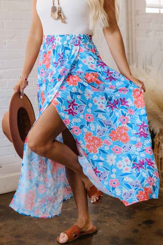 Floral High Waist Side Split Wrap Maxi Skirt
