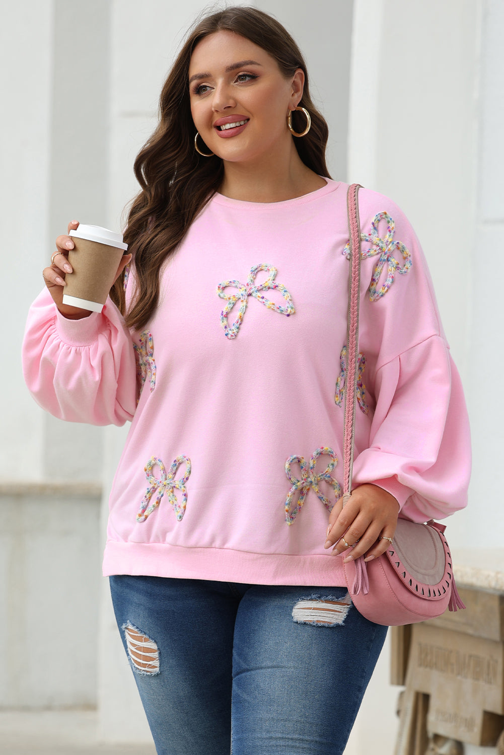 Light Pink Embroidered Bow Lantern Sleeve Oversized Pullover Sweatshirt Dear-Lover Dropshipping