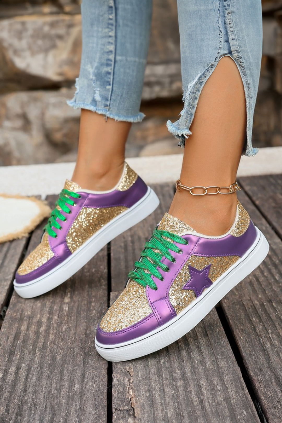 Tillandsia Purple Dearlove Glitter Star Patchwork PU Leather Lace-up Sneakers Dear-Lover Dropshipping