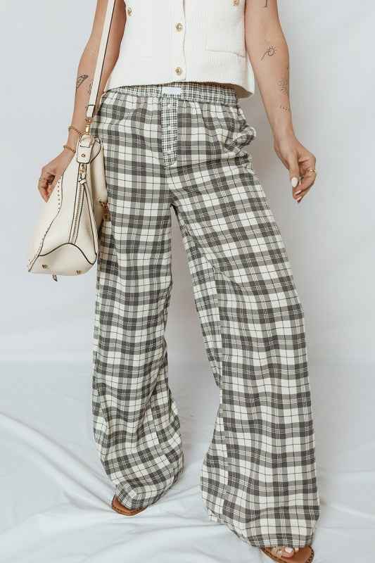 Plaid Patchwork Wide Leg Pants