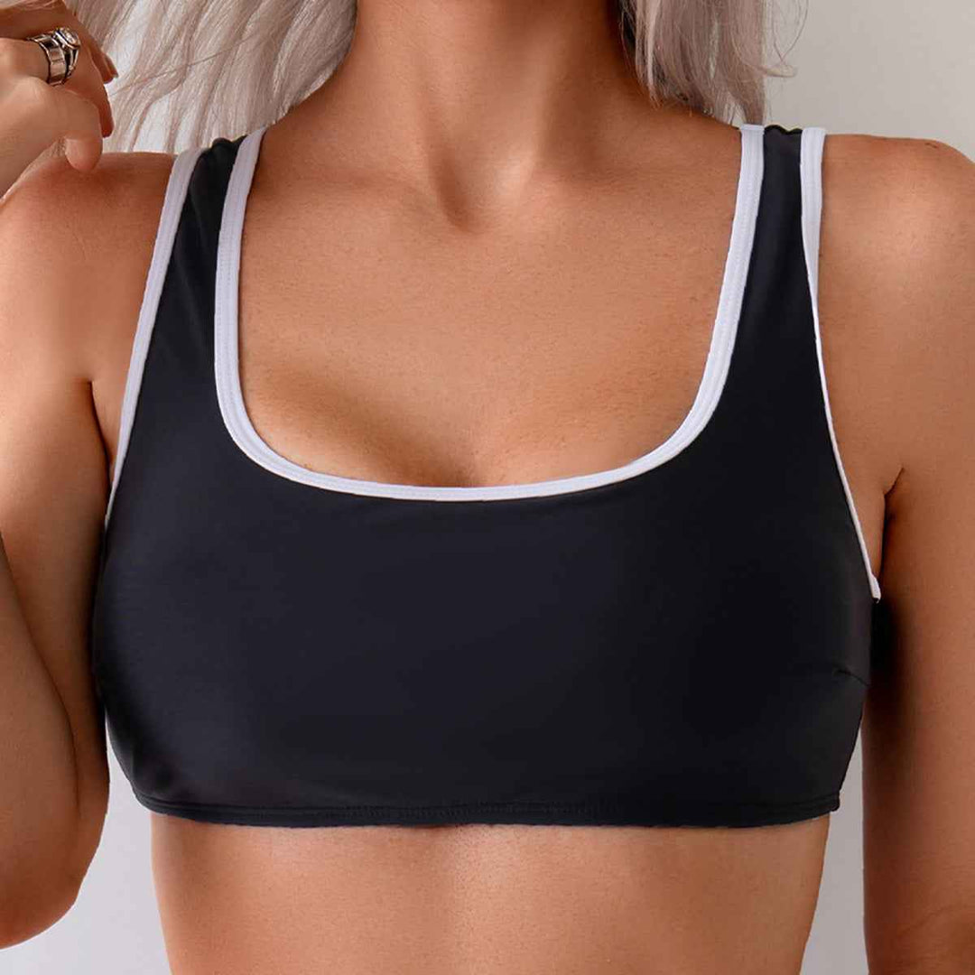 Women's Sporty Black Bikini Set, Square Neck Tank Top With White Contrast Trim & Mid Rise Bottom, 2 Piece SwimsuiT