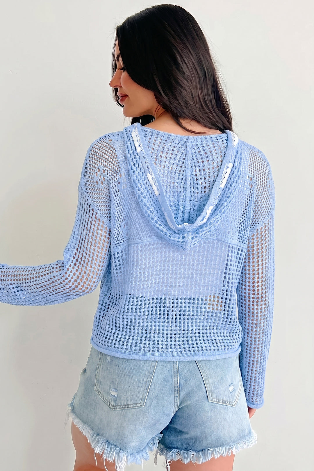 Beau Blue Hollow Out Crochet Knit American Flag Patched Sweater Hoodie Dear-Lover Dropshipping