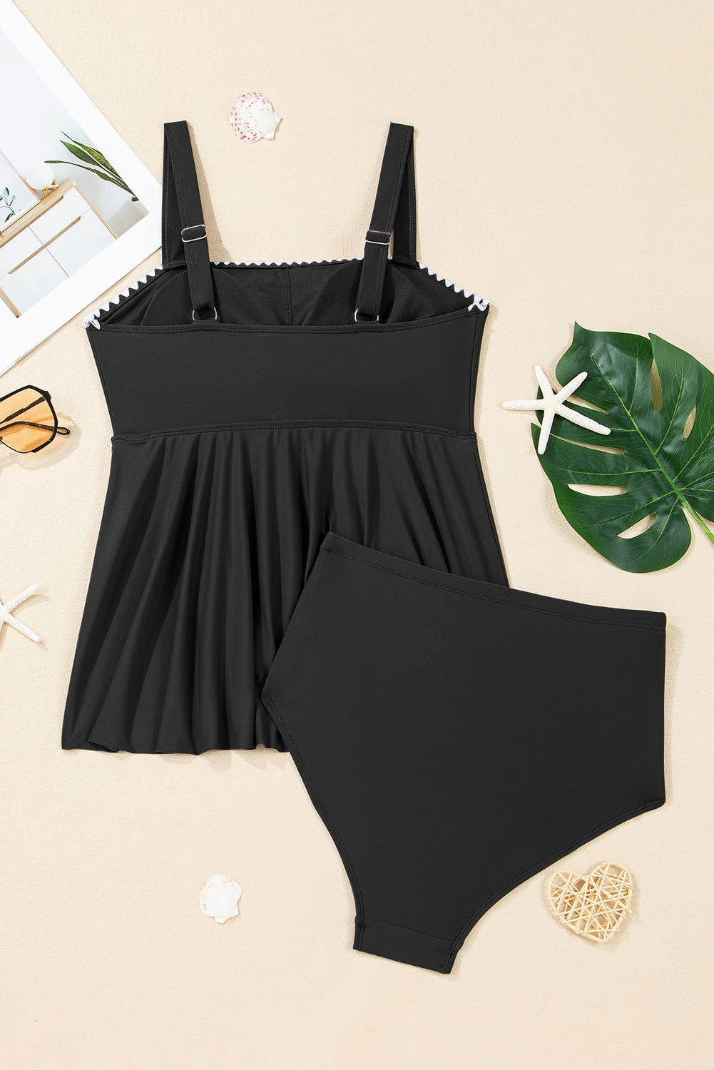 Black Spaghetti Straps Contrasted Ricrac Trim Flared Tankini 2pcs Swimsuit Dear-Lover Dropshipping