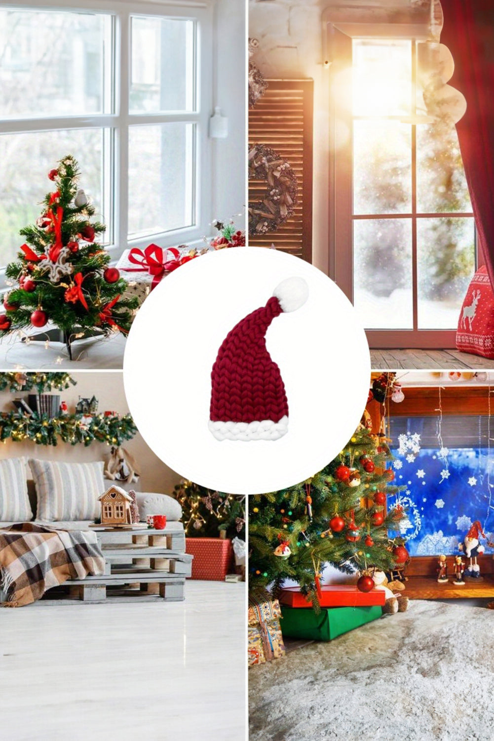 Dearlove Red Dahlia Color Block Pom Pom Decor Chunky Knitted Christmas Hat Dear-Lover Dropshipping