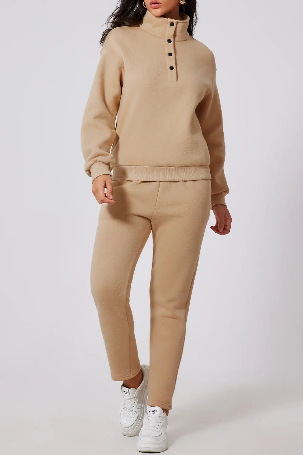 Parchment Solid Half Button Sweatshirt and High Waist Sweatpants Set Dear-Lover Dropshipping