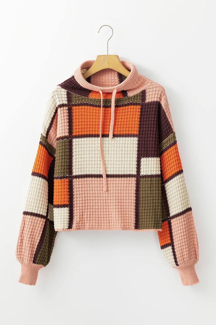 Orange Color Block Waffle Knit Drawstring Mock Neck Sweater Dear-Lover Dropshipping