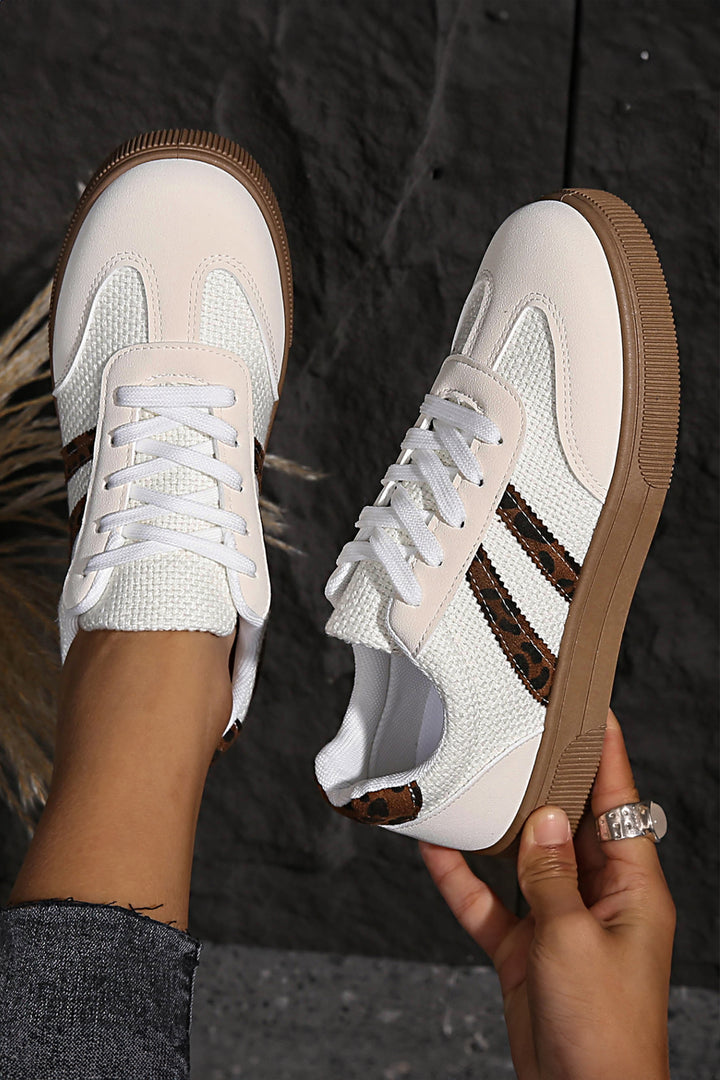 White Textured Woven PU Leather Leopard Patchwork Flat Sneakers Dear-Lover Dropshipping
