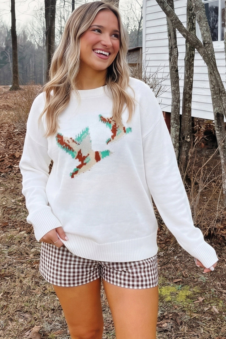 White Retro Flying Mallard Pattern Drop Shoulder Pullover Sweater Dear-Lover Dropshipping