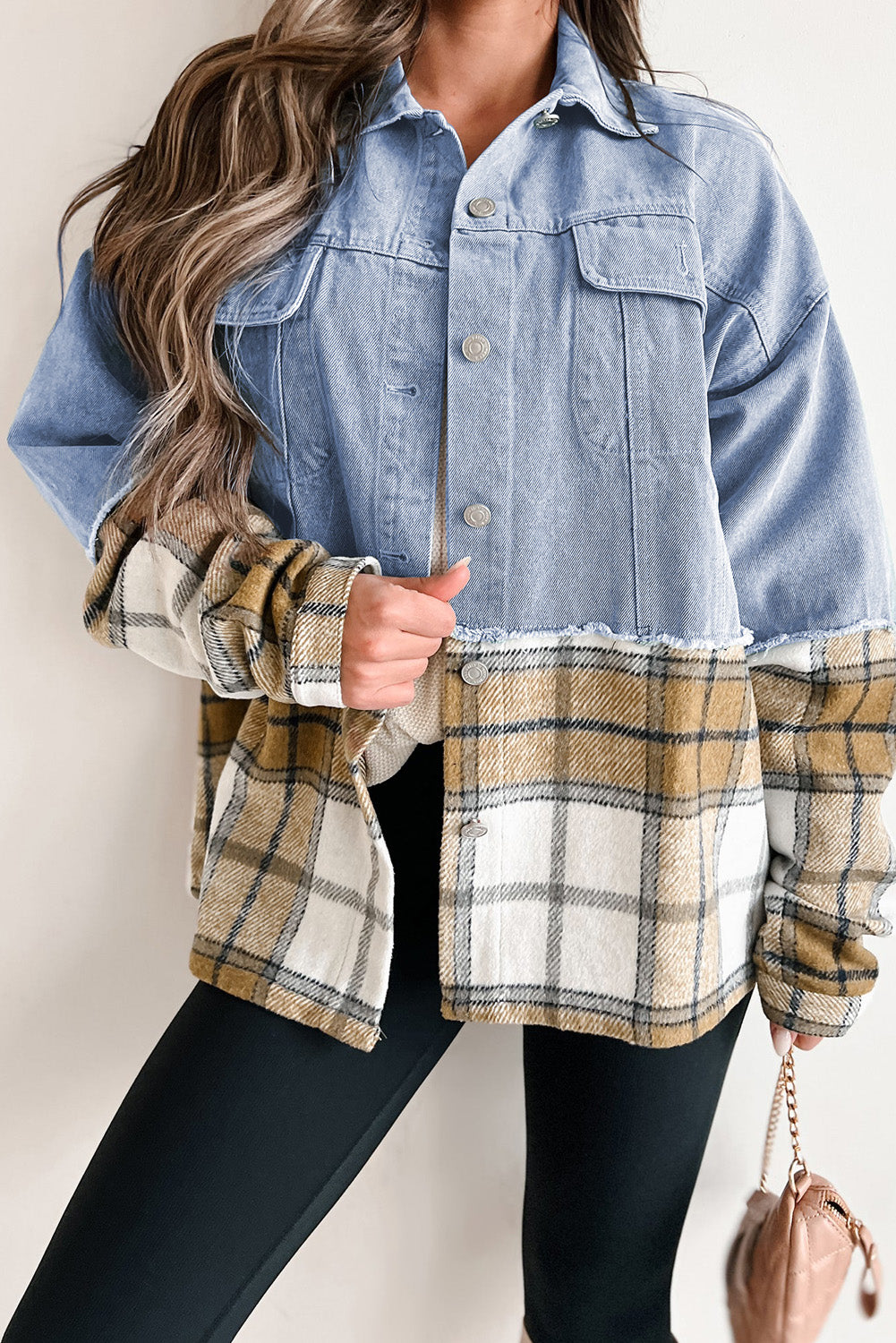 Khaki Plaid Patchwork Buttoned Oversized Denim Jacket Dear-Lover Dropshipping