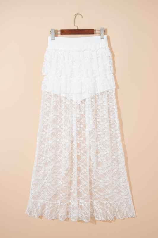 Sheer Lace Ruffle Tiered High-Low Skirt