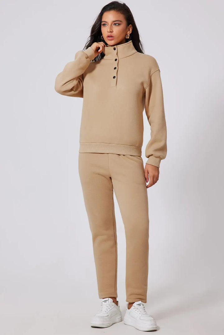 Parchment Solid Half Button Sweatshirt and High Waist Sweatpants Set Dear-Lover Dropshipping