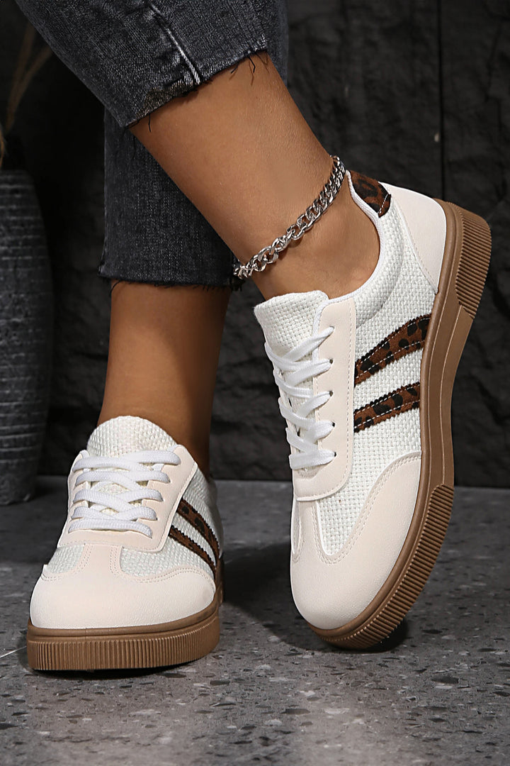 White Textured Woven PU Leather Leopard Patchwork Flat Sneakers Dear-Lover Dropshipping