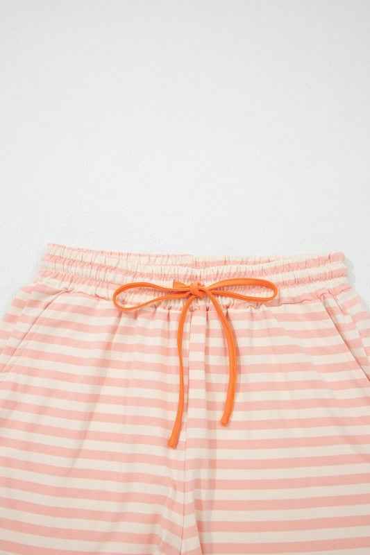 Stripe Neck Loose Tee & Drawstring Shorts Set
