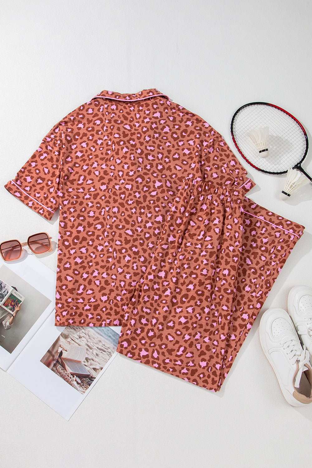 Brown Leopard Print Short Sleeve Shirt and Pants Pajamas Set Dear-Lover Dropshipping