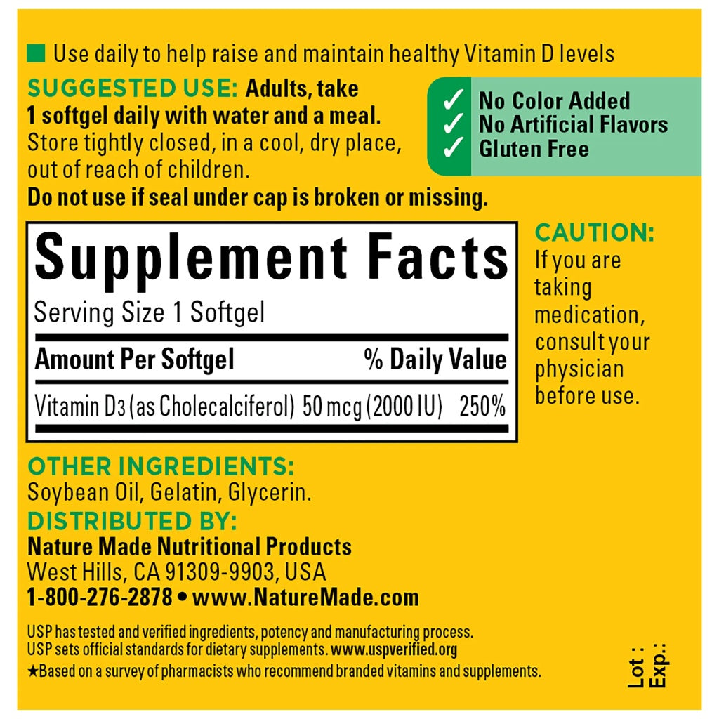 NEW Nature Made Vitamin D3 2000 IU(50 mcg)Bones Teeth Immune Health 320 Softgels AA LLC