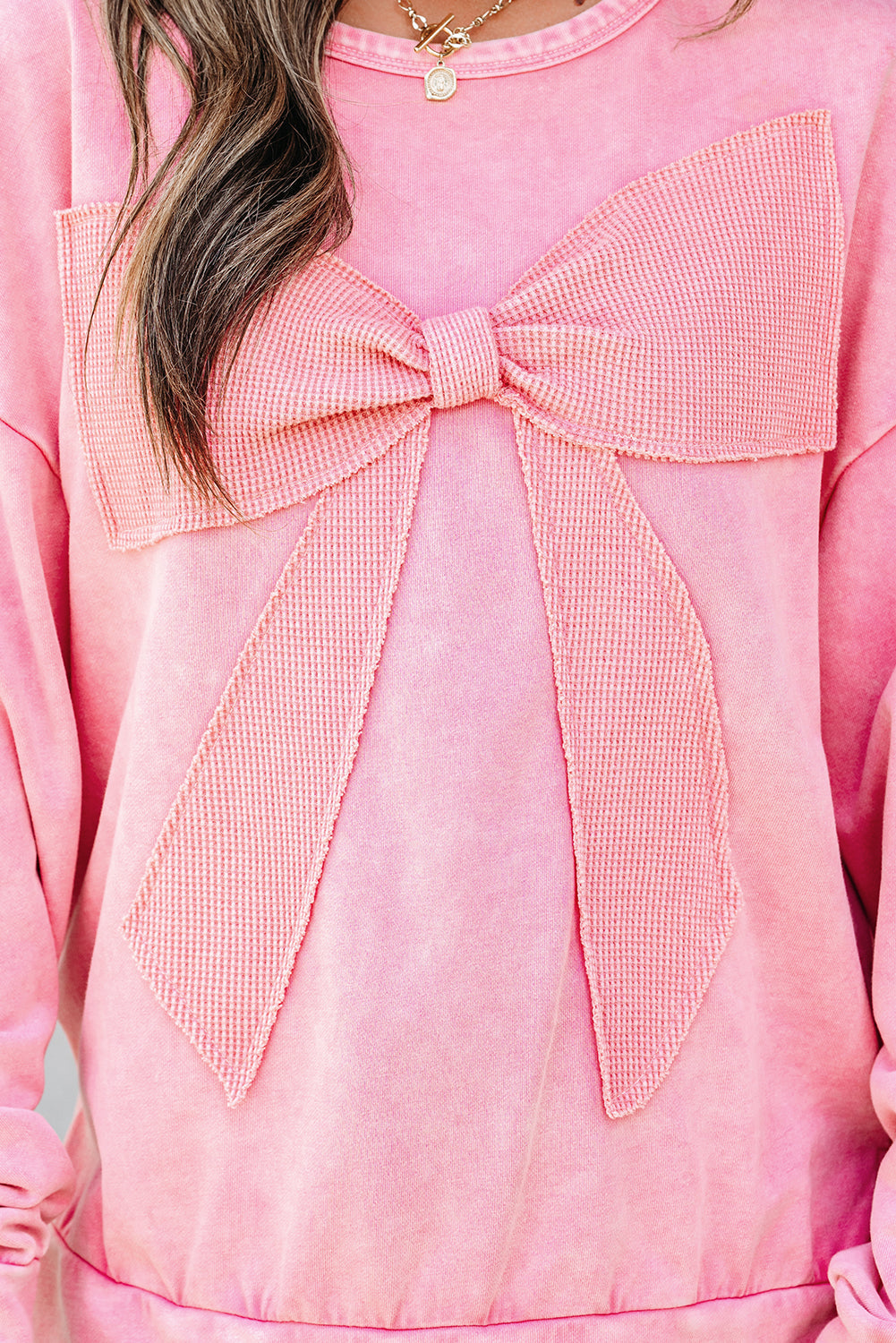 Bright Pink Mineral Wash Big Bow Patchwork Pullover Sweatshirt Dear-Lover Dropshipping