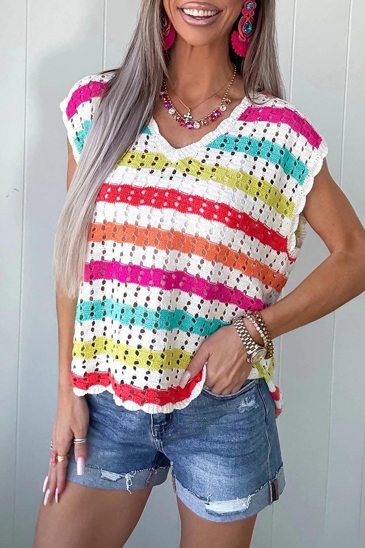 Multicolour Striped Eyelet Knit V Neck Sweater Tee Dear-Lover Dropshipping
