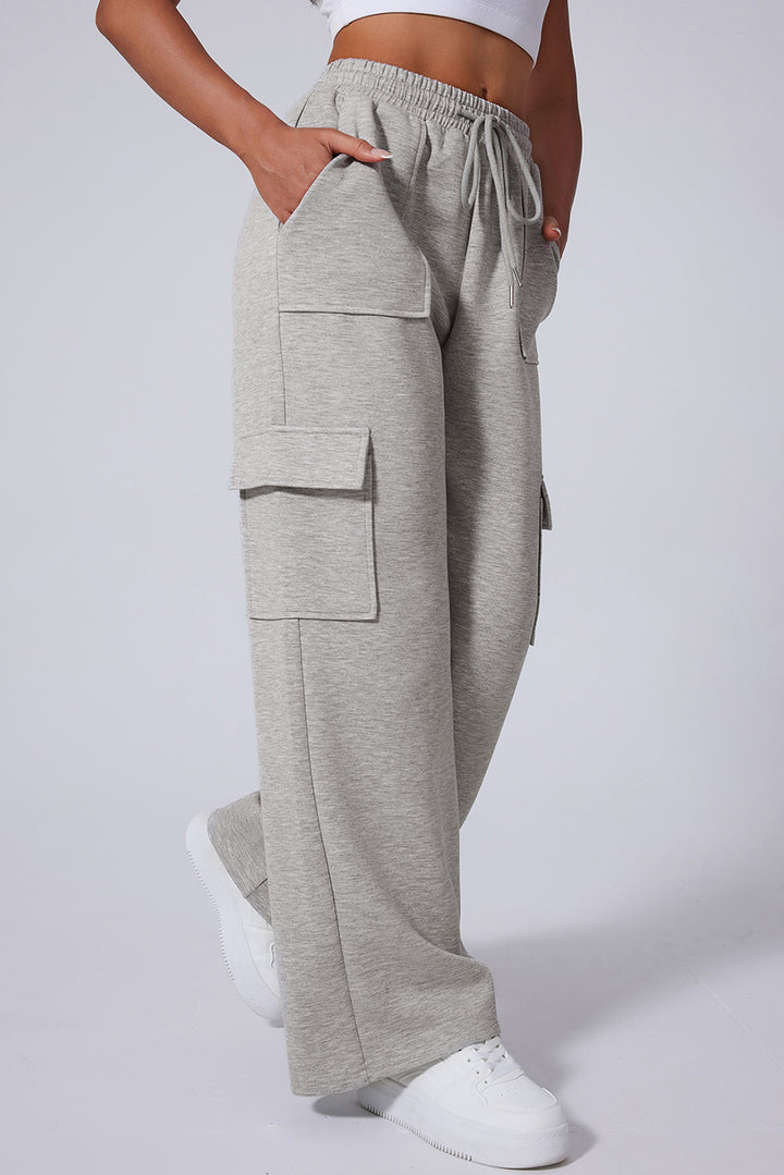 Light Grey Multi Pockets Lace-up High Waist Wide Leg Workout Pants Dear-Lover Dropshipping