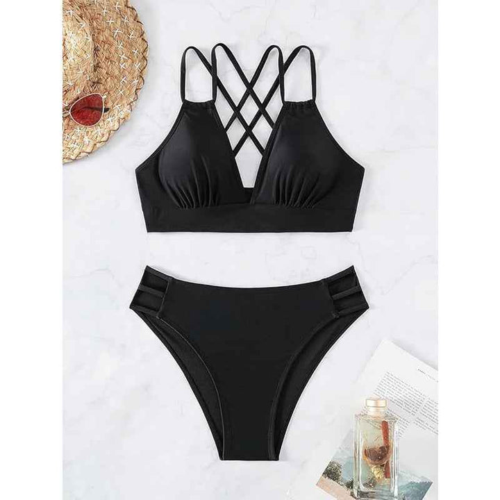 Women's Black Double Strap Bikini Set, Plunge V-Neck Top & High Waist Side Cutout Bottom, 2 Piece Swimsuit