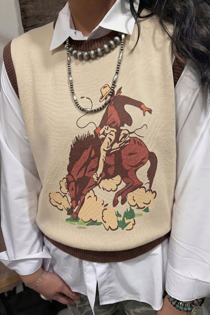 Khaki Western Print Colorblock Sleeveless Knit Vest Regular Length Dear-Lover Dropshipping