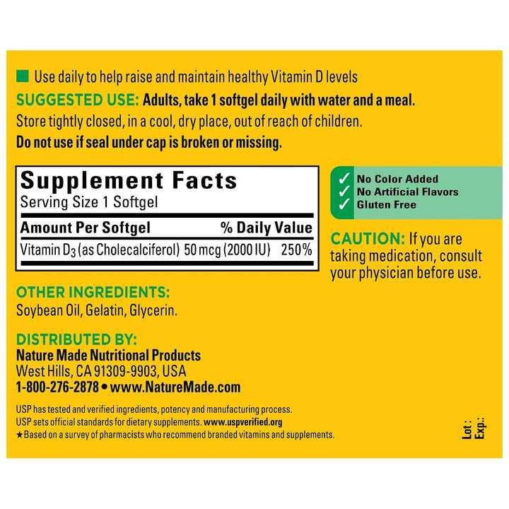 NEW Nature Made Vitamin D3 2000 IU(50 mcg)Bones Teeth Immune Health 320 Softgels AA LLC