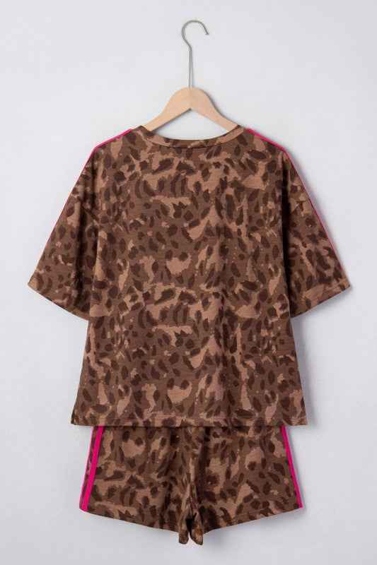 Leopard Contrast Stripe and Shorts Two-Piece Set