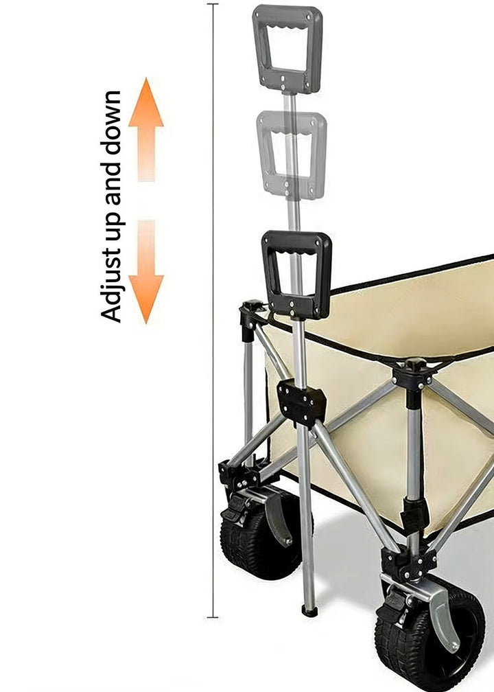 A folding utility wagon with a beige fabric body, silver metal frame, and black wheels, shown with an instructional graphic indicating adjustable handle height with arrows and the text &