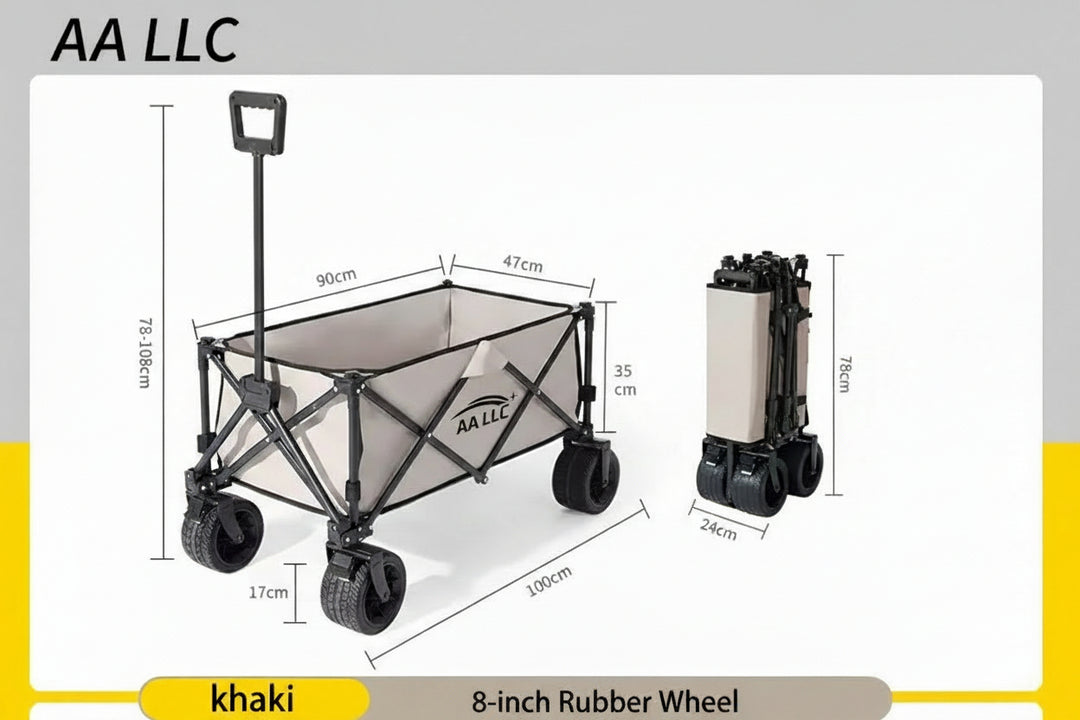 A khaki-colored folding utility wagon with black metal frame and 8-inch rubber wheels, shown with dimension annotations and feature callouts on a white background.