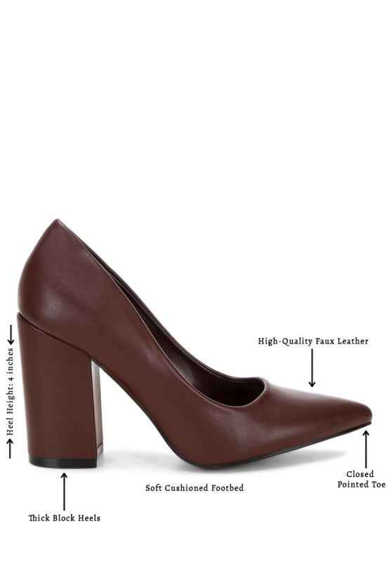 ZHURI Faux Leather Solid Block Heel Pumps