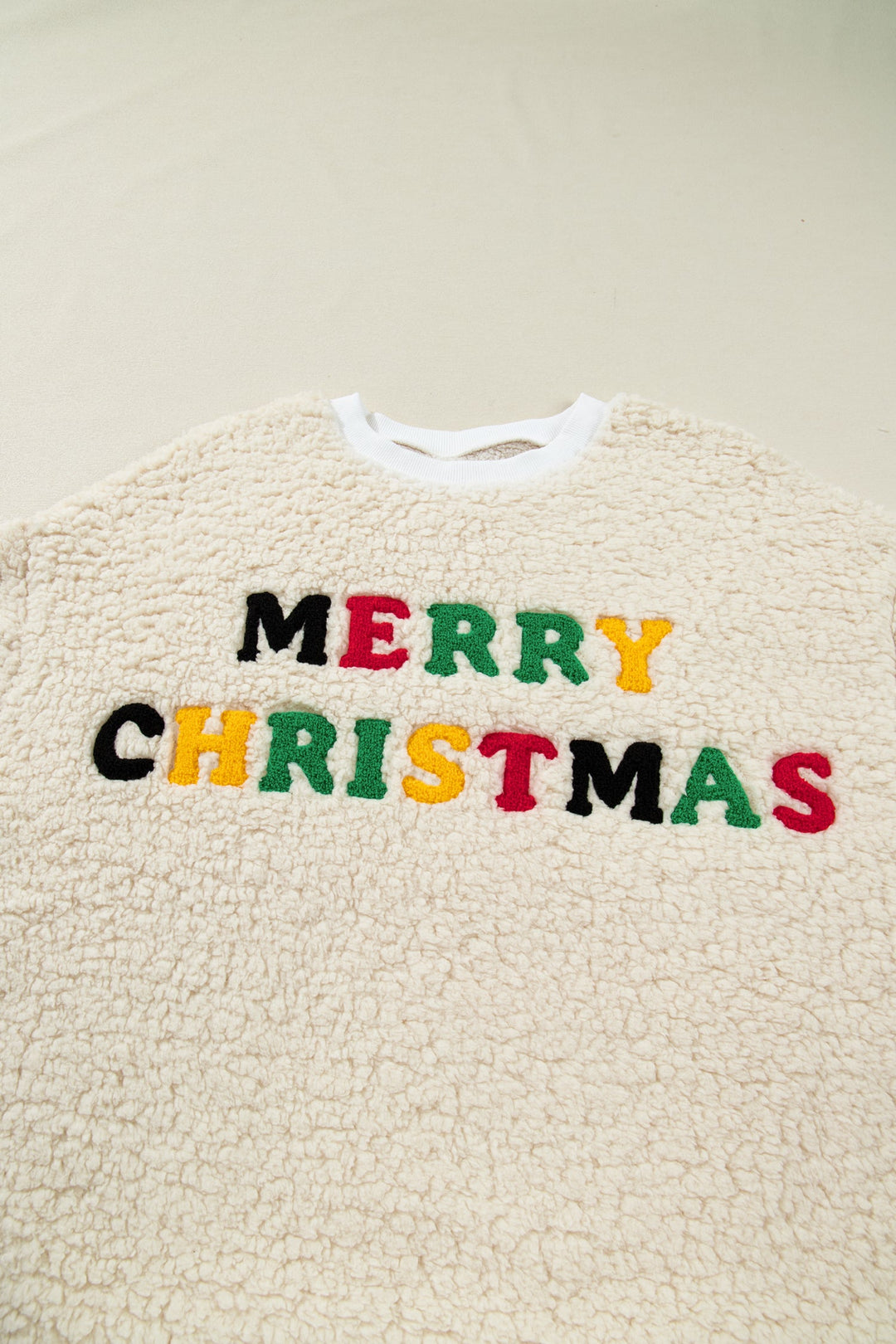 White MERRY CHRISTMAS Multicolor Embroidered Sherpa Pullover Sweatshirt Dear-Lover Dropshipping