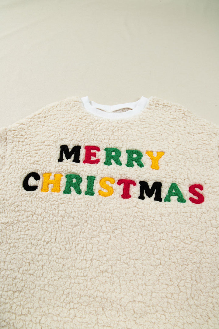 White MERRY CHRISTMAS Multicolor Embroidered Sherpa Pullover Sweatshirt Dear-Lover Dropshipping