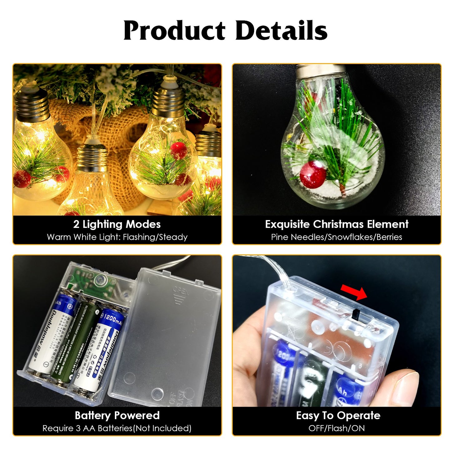 1Pc 13.78FT Christmas Snow Globe String Light Battery Powered 10 LED Bulbs Indoor Christmas Lights With Pine Needles Snowflakes Berries