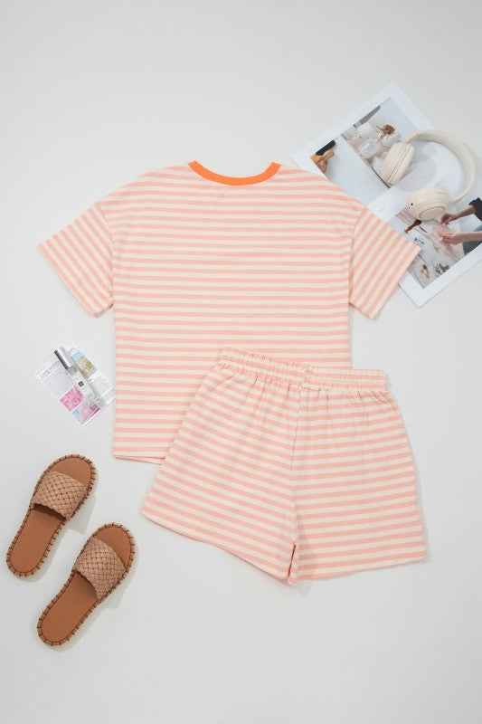 Stripe Neck Loose Tee & Drawstring Shorts Set