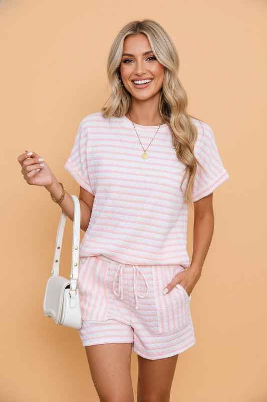 Stripe Knitted Top & Drawstring Shorts Set