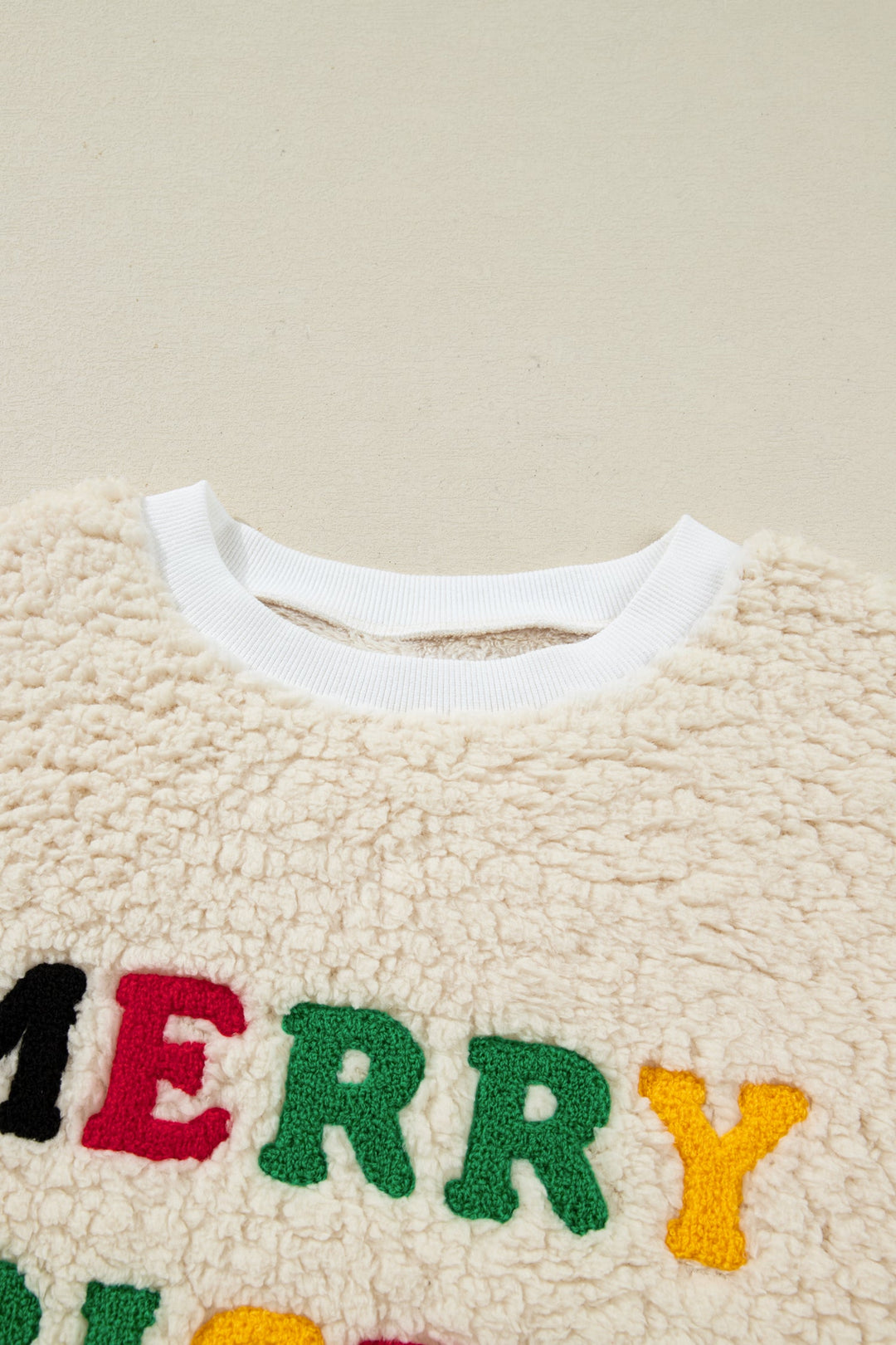 White MERRY CHRISTMAS Multicolor Embroidered Sherpa Pullover Sweatshirt Dear-Lover Dropshipping