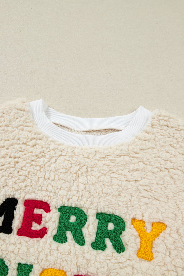 White MERRY CHRISTMAS Multicolor Embroidered Sherpa Pullover Sweatshirt Dear-Lover Dropshipping
