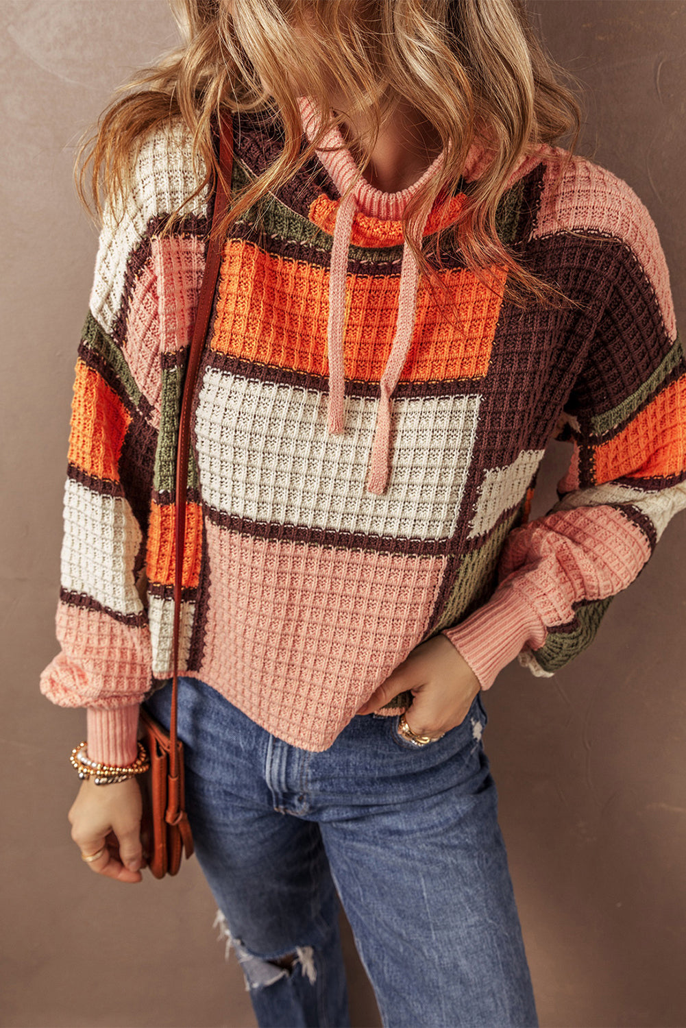 Orange Color Block Waffle Knit Drawstring Mock Neck Sweater Dear-Lover Dropshipping