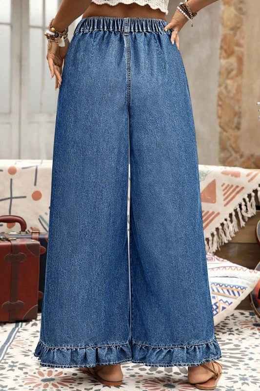Plus Size Denim Elastic Waist Wide Leg Pants