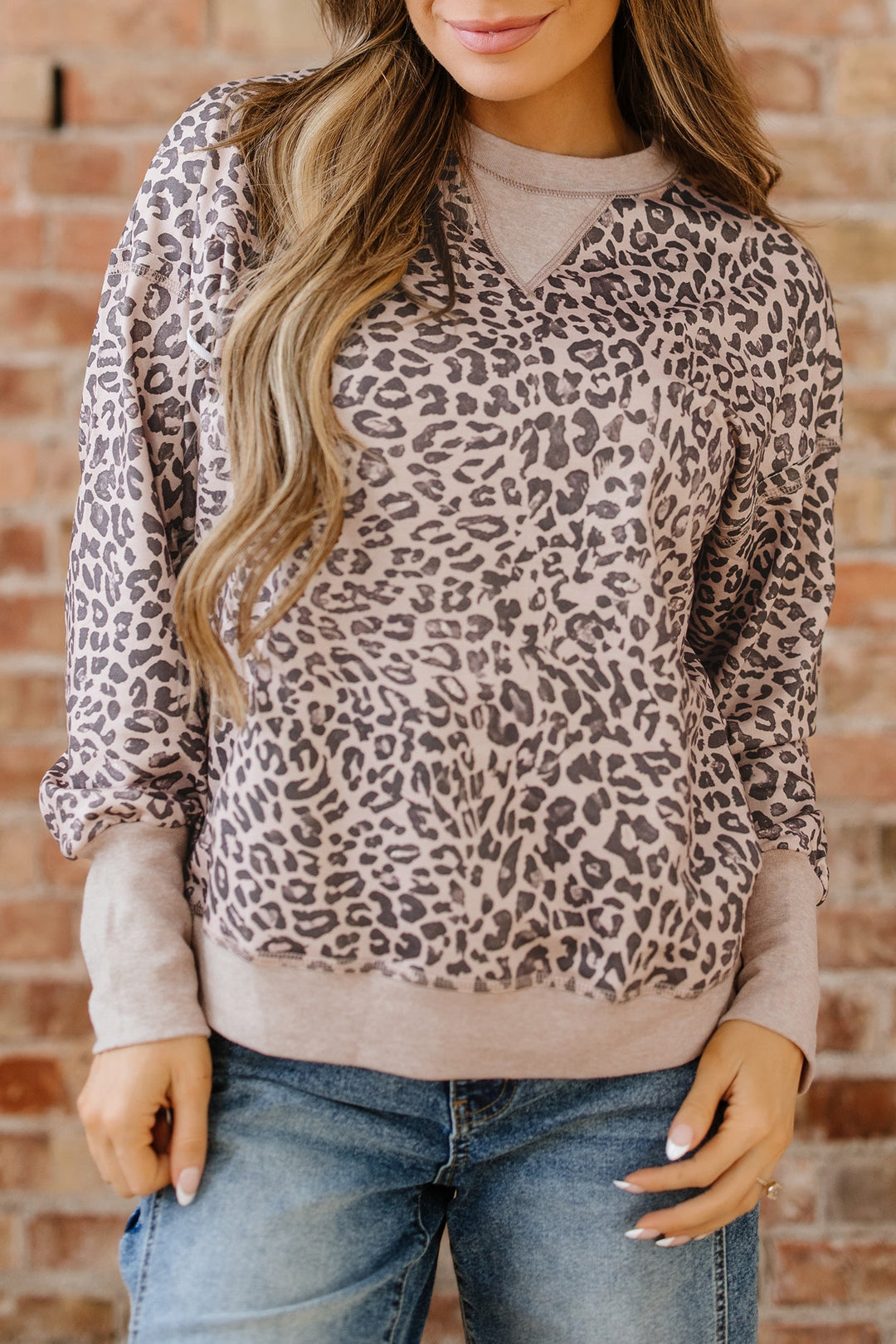 Khaki Leopard Print Patchwork Crew Neck Sweatshirt Dear-Lover Dropshipping