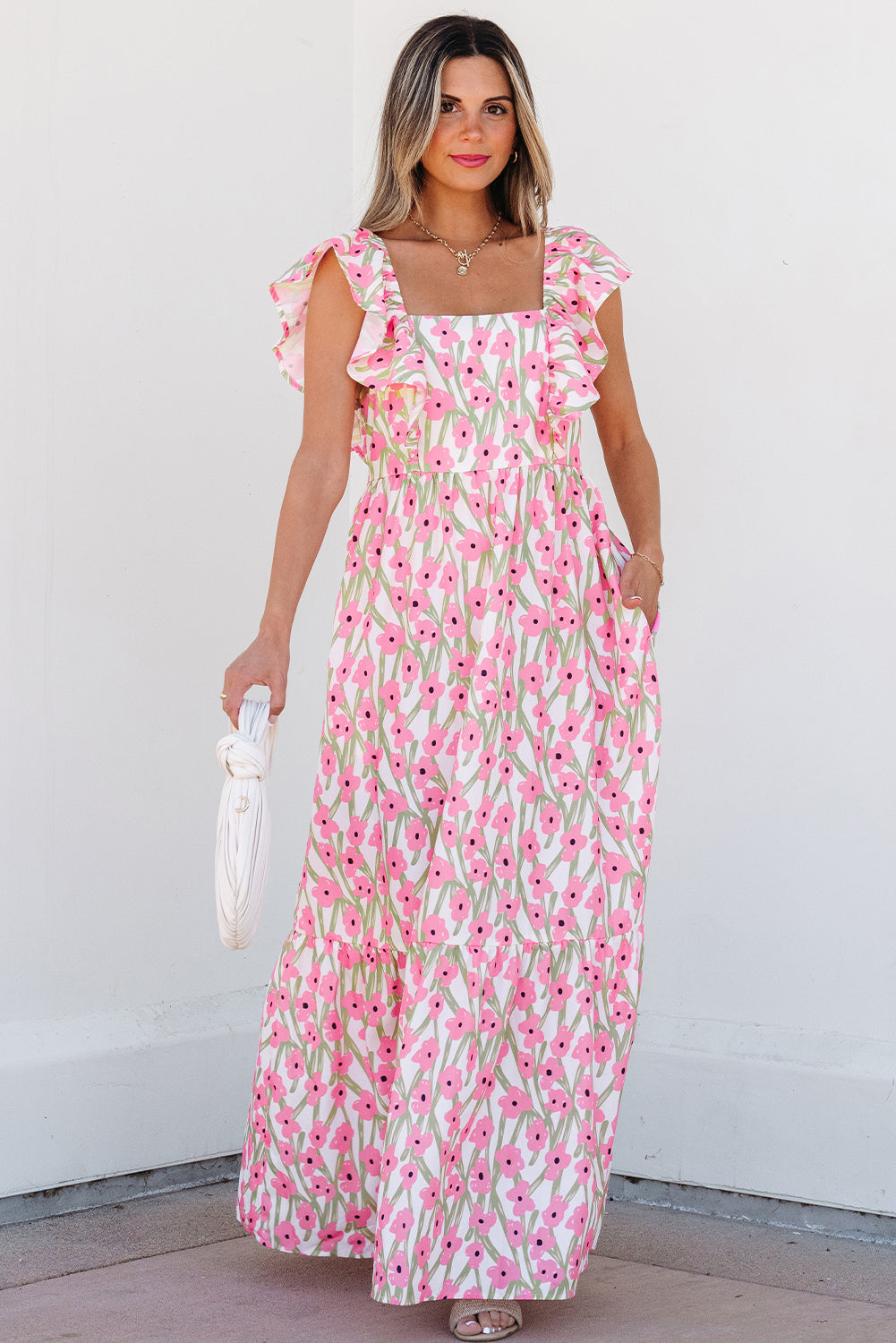 Pink Floral Print Square Neck Ruffled Strap Maxi Dress Dear-Lover Dropshipping