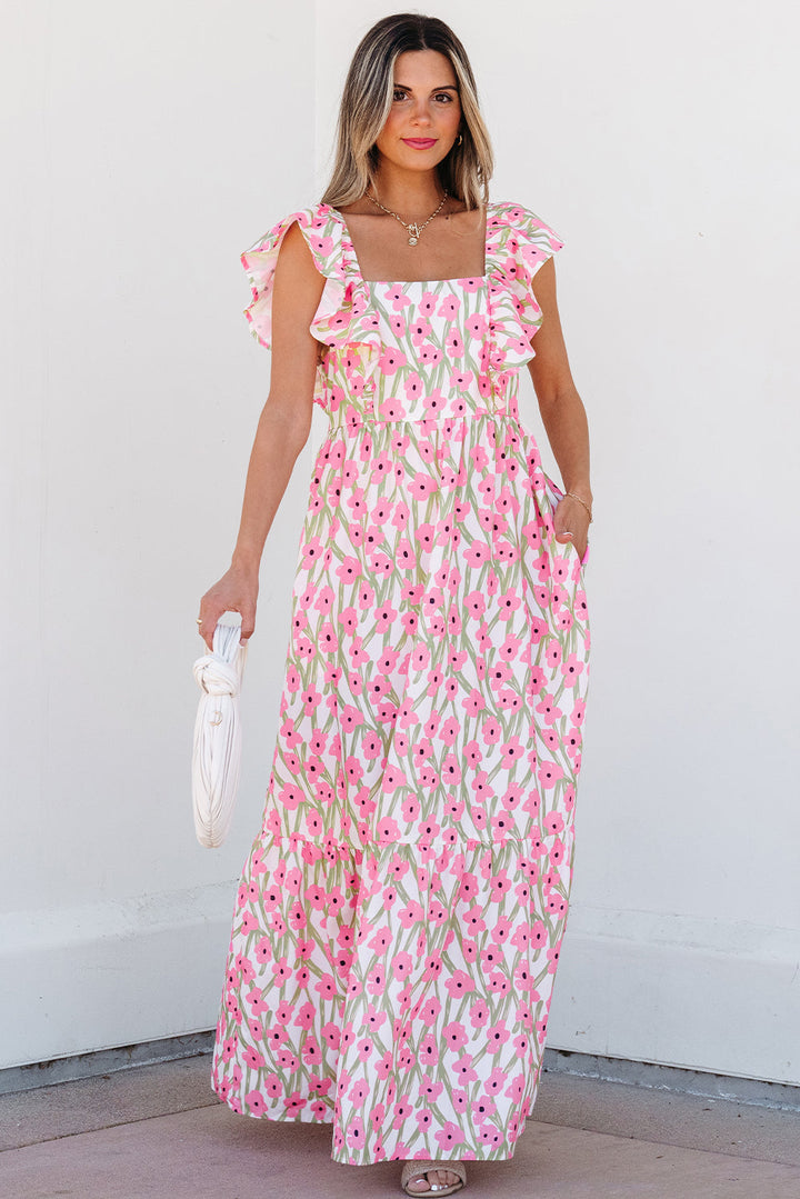 Pink Floral Print Square Neck Ruffled Strap Maxi Dress Dear-Lover Dropshipping