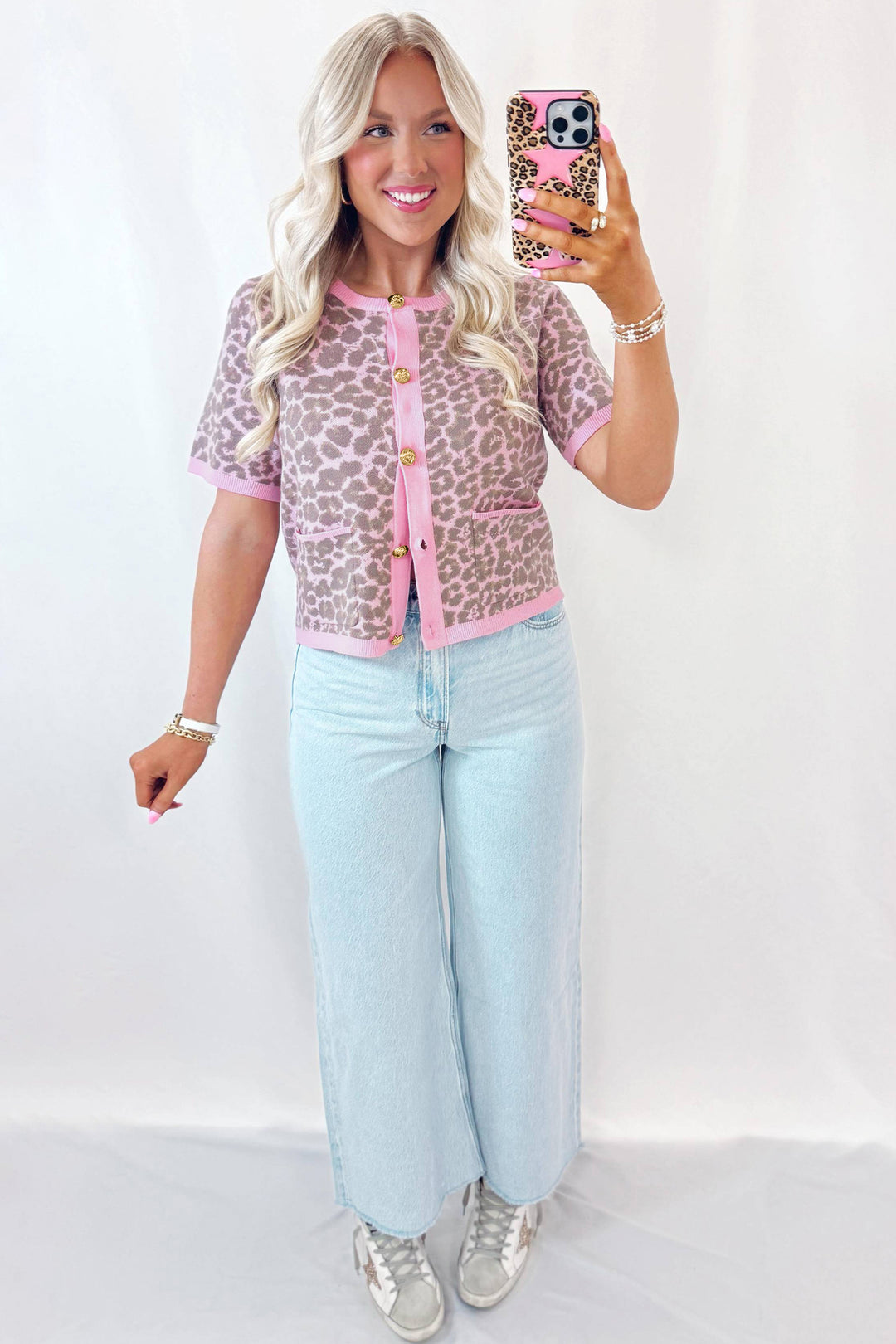 Pink Leopard Button Down Short Sleeve Sweater Cardigan Dear-Lover Dropshipping