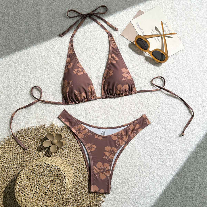 Women's Brown Hibiscus Floral Triangle Bikini Set, Tie-Side Halter Top & Cheeky Bottom, 2 Piece Tropical Swimsuit